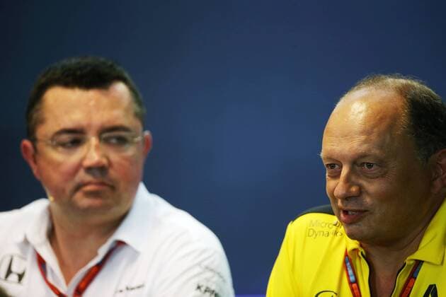 Belgian Grand Prix, Spa Francorchamps 25 - 28 August 2016 (L to R): Eric Boullier (FRA) McLaren Racing Director and Frederic Vasseur (FRA) Renault F1 Team Racing Director in the FIA press conference PK Pressekonferenz 26.08.2016. 