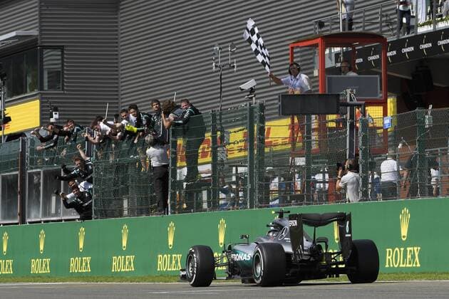 German Nico Rosberg of Mercedes AMG Petronas F1 Team celebrates as he crosses the finish line to win the Grand Prix F1 of Belgium, in Spa-Francorchamps, Sunday 28 August 2016. The Spa-Francorchamps Formula One Grand Prix takes place this weekend, from August 26 until August 28. NICOLASxLAMBERT  x04920508x