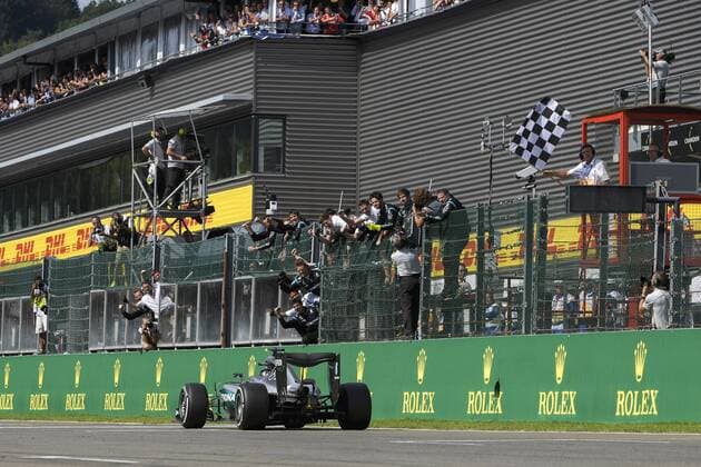 Formel 1, GP von Belgien, Sieger Nico Rosberg German Nico Rosberg of Mercedes AMG Petronas F1 Team celebrates as he crosses the finish line to win the Grand Prix F1 of Belgium, in Spa-Francorchamps, Sunday 28 August 2016. The Spa-Francorchamps Formula One Grand Prix takes place this weekend, from August 26 until August 28. NICOLASxLAMBERT  x04920501x