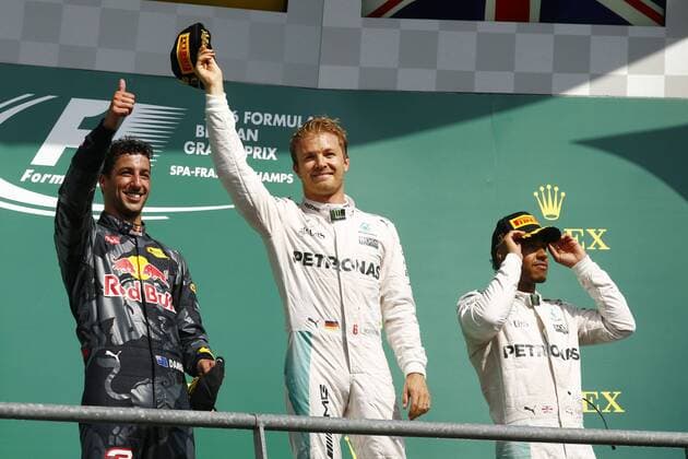 Formel 1, GP von Belgien, Sieger Nico Rosberg Motorsports: FIA Formula One World Championship WM Weltmeisterschaft 2016, Grand Prix of Belgium, 3 Daniel Ricciardo (AUS, Red Bull Racing), 6 Nico Rosberg (GER, Mercedes AMG Petronas Formula One Team), 44 Lewis Hamilton (GBR, Mercedes AMG Petronas Formula One Team), xHOCHxZWEIx
