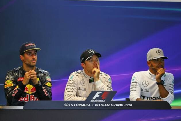 Belgian Grand Prix, Spa Francorchamps 25 - 28 August 2016 The post race FIA press conference PK Pressekonferenz (L to R): Daniel Ricciardo (AUS) Red Bull Racing, second; Nico Rosberg (GER) Mercedes AMG F1, race winner; Lewis Hamilton (GBR) Mercedes AMG F1, third. 28.08.2016. Race 