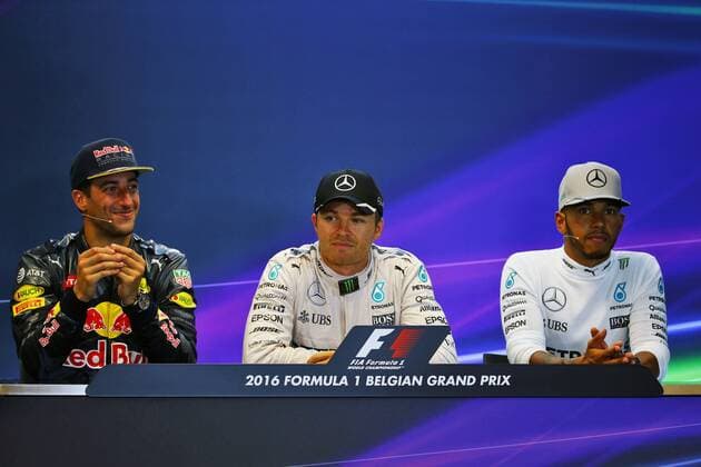 Belgian Grand Prix, Spa Francorchamps 25 - 28 August 2016 The post race FIA press conference PK Pressekonferenz (L to R): Daniel Ricciardo (AUS) Red Bull Racing, second; Nico Rosberg (GER) Mercedes AMG F1, race winner; Lewis Hamilton (GBR) Mercedes AMG F1, third. 28.08.2016. Race 