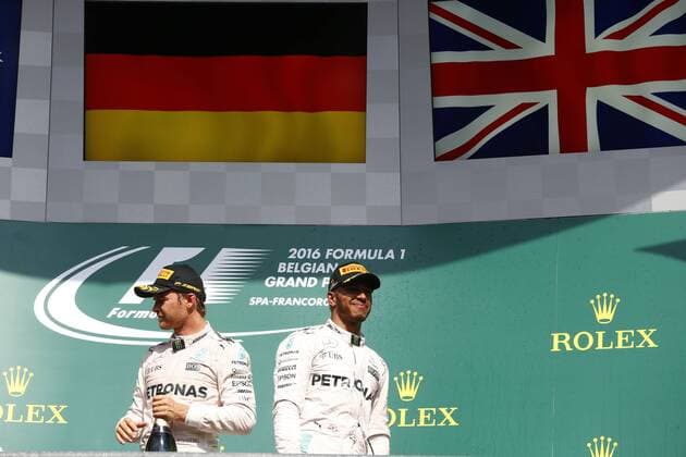 Formel 1, GP von Belgien, Sieger Nico Rosberg Motorsports: FIA Formula One World Championship WM Weltmeisterschaft 2016, Grand Prix of Belgium, 6 Nico Rosberg (GER, Mercedes AMG Petronas Formula One Team), 44 Lewis Hamilton (GBR, Mercedes AMG Petronas Formula One Team), xHOCHxZWEIx