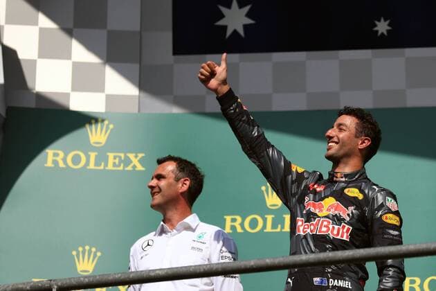 28.08.2016. Spa-Francorchamps, Belgium. F1 Grand Prix of Belgium, Race Day. Red Bull Racing RB12 & x2013; Daniel Ricciardo waves to fans as he takes 2nd place trophy on the podium xLeannexBoonx  ActionPlus11780952