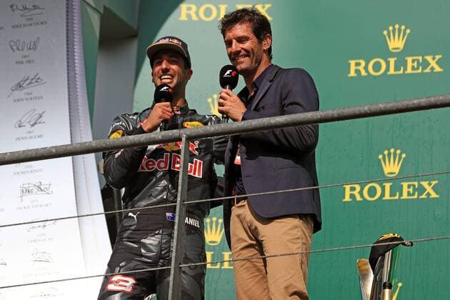 28.08.2016. Spa-Francorchamps, Belgium. F1 Grand Prix of Belgium, Race Day. Red Bull Racing - Daniel Ricciardo shares his champagne from his shoe with Mark Webber xLeannexBoonx  ActionPlus11780969
