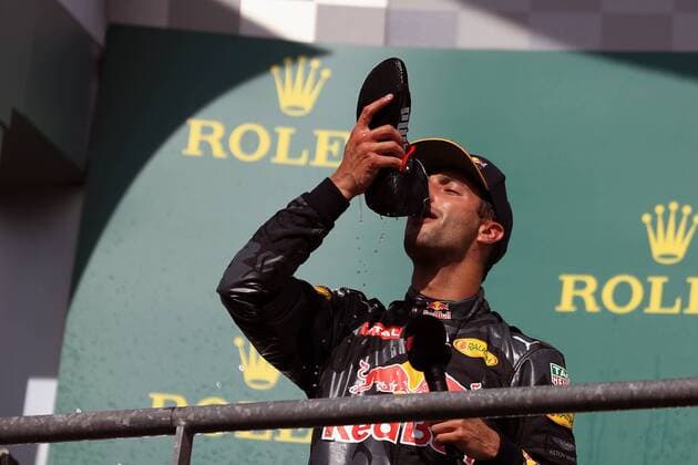 28.08.2016. Spa-Francorchamps, Belgium. F1 Grand Prix of Belgium, Race Day. Red Bull Racing - Daniel Ricciardo drinks from his race boot as he celebrates his 2nd place finish xLeannexBoonx  ActionPlus11780970