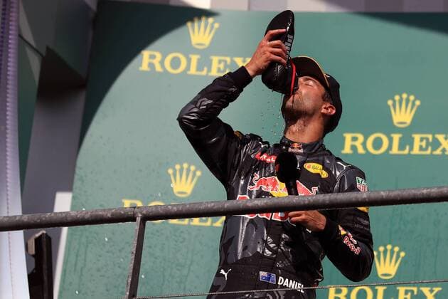 28.08.2016. Spa-Francorchamps, Belgium. F1 Grand Prix of Belgium, Race Day. Red Bull Racing - Daniel Ricciardo drinks from his race boot as he celebrates his 2nd place finish xLeannexBoonx  ActionPlus11780971