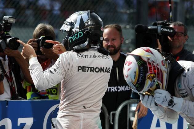 Belgian Grand Prix, Spa Francorchamps 25 - 28 August 2016 Race winner Nico Rosberg (GER) Mercedes AMG F1 celebrates in parc ferme as his third placed team mate Lewis Hamilton (GBR) climbs from his Mercedes AMG F1 W07 Hybrid. 28.08.2016. Race 