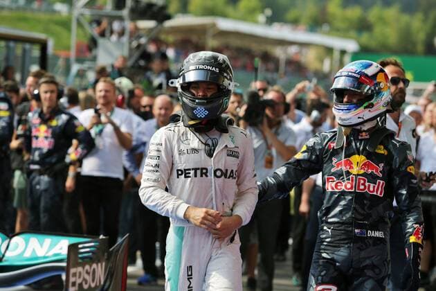 Belgian Grand Prix, Spa Francorchamps 25 - 28 August 2016 (L to R): Race winner Nico Rosberg (GER) Mercedes AMG F1 and second placed Daniel Ricciardo (AUS) Red Bull Racing in parc ferme. 28.08.2016. Race 