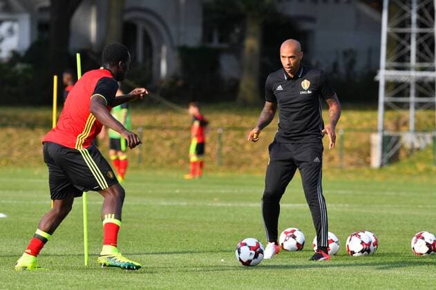 Belgium s Romelu Lukaku and Belgium s assistant coach Thierry Henry pictured in action during a training session of Belgian national soccer team Red Devils, on Monday 29 August 2016, in Brussels. The Red Devils will play a World Championships 2018 Qualification game against Cyprus on September 6th. LUCxCLAESSEN  x04921348x