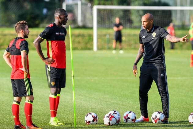 Belgium s Dries Mertens, Belgium s Christian Benteke and Belgium s assistant coach Thierry Henry pictured during a training session of Belgian national soccer team Red Devils, on Monday 29 August 2016, in Brussels. The Red Devils will play a World Championships 2018 Qualification game against Cyprus on September 6th. LUCxCLAESSEN  x04921392x