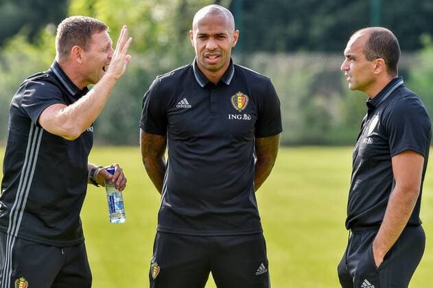 Belgium s assistant coach Graeme Jones, Belgium s assistant coach Thierry Henry and Belgium s head coach Roberto Martinez pictured during a training session of Belgian national soccer team Red Devils, on Monday 29 August 2016, in Brussels. The Red Devils will play a World Championships 2018 Qualification game against Cyprus on September 6th. LUCxCLAESSEN  x04921475x
