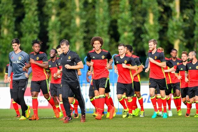 Belgium s goalkeeper Thibaut Courtois, Belgium s Michy Batshuayi, Belgium s Richard Evans, Belgium s Axel Witsel, Belgium s Thomas Vermaelen and Belgium s Nicolas Lombaerts pictured during a training session of Belgian national soccer team Red Devils, on Monday 29 August 2016, in Brussels. The Red Devils will play a World Championships 2018 Qualification game against Cyprus on September 6th. LUCxCLAESSEN  x04921668x