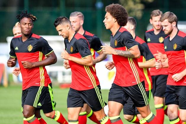 Belgium s Michy Batshuayi, Belgium s Kevin Mirallas, Belgium s Axel Witsel and Belgium s Nicolas Lombaerts pictured during a training session of Belgian national soccer team Red Devils, on Monday 29 August 2016, in Brussels. The Red Devils will play a World Championships 2018 Qualification game against Cyprus on September 6th. LUCxCLAESSEN  x04921672x
