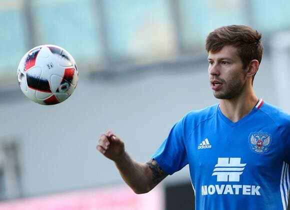 MOSCOW REGION, RUSSIA - AUGUST 29, 2016: Fyodor Smolov during a training session of the Russian national football team at Khimki Arena Stadium ahead of international football friendlies against Turkey and Ghana. Valery Sharifulin TASS  TS02F1D7