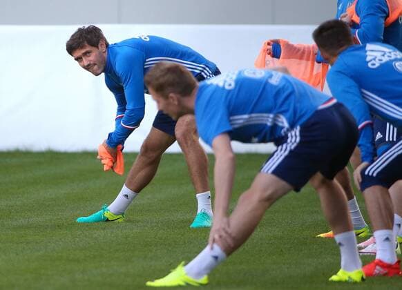 MOSCOW REGION, RUSSIA - AUGUST 29, 2016: Yuri Zhirkov (L) during a training session of the Russian national football team at Khimki Arena Stadium ahead of international football friendlies against Turkey and Ghana. Valery Sharifulin TASS  TS02F1FB