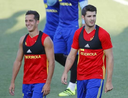 Lucas Vazquez y Morata. Spanish national team Nationalteam training session. In this picture, Lucas Vazquez and Morata. xAngelxRiverox 