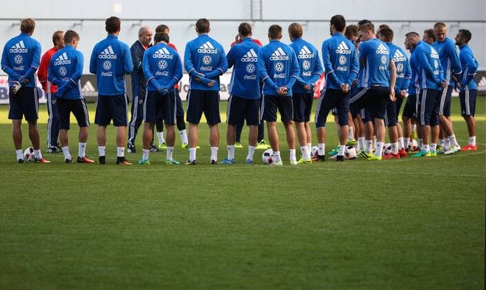 MOSCOW REGION, RUSSIA - AUGUST 29, 2016: Members of the Russian men s national football team during a training session at Arena Khimki Stadium ahead of friendly matches against Turkey and Ghana. Valery Sharifulin TASS  TS02F1C5