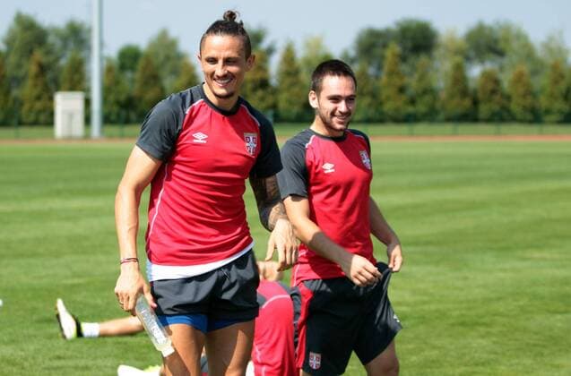 Fußball, Training Nationalteam Serbien 30.08.2016 Stara Pazova Serbia national team Nationalteam training men s football Ljubomir Fejsa(L) with Andrija Zivkovic(r) : 