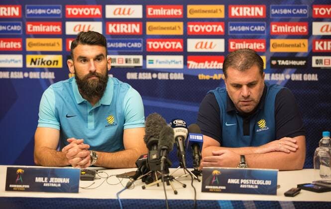 (160831) -- PERTH, Aug. 31, 2016 -- Coach of Australia soccer team Ange Postecoglou (R) and captain Mile Jedinak attend a press conference PK Pressekonferenz before the 2018 FIFA World Cup WM Weltmeisterschaft Fussball qualifier match against Iraq in Perth, Australia, Aug. 31, 2016. The match will kick off on Sept. 1. ) (SP)AUSTRALIA-PERTH-WORLD CUP QUALIFIER-PRESS CONFERENCE ZhuxHongye 