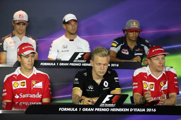 Italian Grand Prix, Monza 01 - 04 September 2016 01.09.2016 - press conference PK Pressekonferenz (From back row) (L-R), Esteban Gutierrez (MEX) Haas F1 Team VF-16, Jenson Button (GBR) McLaren Honda MP4-31, Carlos Sainz Jr (ESP) Scuderia Toro Rosso STR11 Sebastian Vettel (GER) Scuderia Ferrari SF16-H, Kevin Magnussen (DEN) Renault F1 Team RS16 and Kimi Raikkonen (FIN) Scuderia Ferrari SF16-H 