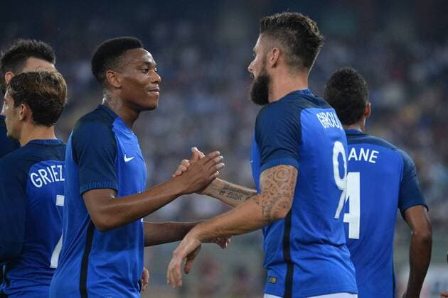 Fußball, Länderspiel, Italien - Frankreich Celebration goal Anthony Martial, Olivier Giroud France Bari 01-09-2016 Stadio San Nicola Football Friendly Match Italy - France andreaxstaccioli