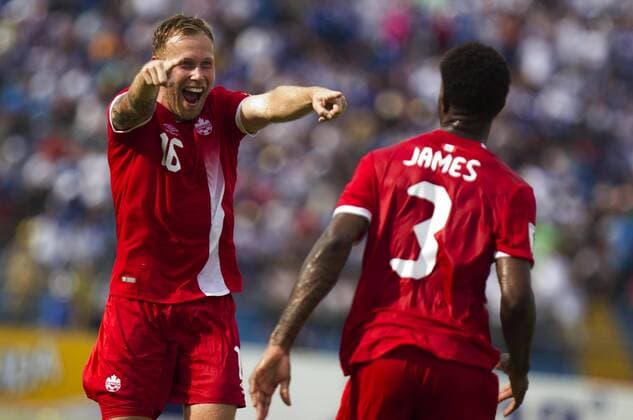 Canadian players Scott Arfield (L) and Manjrekar James celebrate a goal against Honduras during their Russia 2016 qualifying match at the Olympic Stadium of San Pedro Sula, Honduras, 02 September. HONDURAS VS. CANADA !ACHTUNG: NUR REDAKTIONELLE NUTZUNG!  TEG001 20160903-636084594928330725
