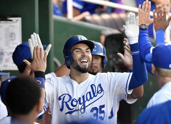 September 3, 2016 - Kansas City, MO, USA - The Kansas City Royals Eric Hosmer is congratulated after his two-run home run in the fourth inning against the Detroit Tigers on Saturday, Sept. 3, 2016, at Kauffman Stadium in Kansas City, Mo. Detroit at Kansas City - ZUMAm67_