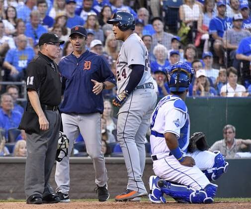 September 3, 2016 - Kansas City, MO, USA - The Detroit Tigers Miguel Cabrera and manager Brad Ausmus argue with home plate umpire Jerry Meals behind Kansas City Royals catcher Salvador Perez after Cabrera was called for strike three on what he thought was a checked swing in the fifth inning on Saturday, Sept. 3, 2016, at Kauffman Stadium in Kansas City, Mo. Detroit at Kansas City - ZUMAm67_