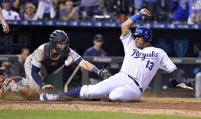September 3, 2016 - Kansas City, MO, USA - The Kansas City Royals Salvador Perez (13) scores before the tag from Detroit Tigers catcher James McCann in the eighth inning on Saturday, Sept. 3, 2016, at Kauffman Stadium in Kansas City, Mo. Detroit at Kansas City - ZUMAm67_
