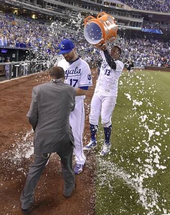 September 3, 2016 - Kansas City, MO, USA - The Kansas City Royals Salvador Perez delivers the victory splash to Wade Davis after closing out the ninth inning for a 5-2 win against the Detroit Tigers on Saturday, Sept. 3, 2016, at Kauffman Stadium in Kansas City, Mo. Detroit at Kansas City - ZUMAm67_