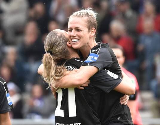 04.09.2016, xblx, Fussball 1.Bundesliga Damen, 1.FFC Frankfurt - Borussia Moenchengladbach, emspor v.l. Ana-Maria Crnogorcevic (1.FFC Frankfurt), Sophie Schmidt (1. FFC Frankfurt), Goal scored, Tor zum 2:0, celebrate the goal, Torjubel Frankfurt am Main