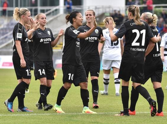 04.09.2016, xblx, Fussball 1.Bundesliga Damen, 1.FFC Frankfurt - Borussia Moenchengladbach, emspor v.l. Ana-Maria Crnogorcevic (1.FFC Frankfurt), Goal scored, Tor zum 4:0, celebrate the goal, Torjubel Frankfurt am Main