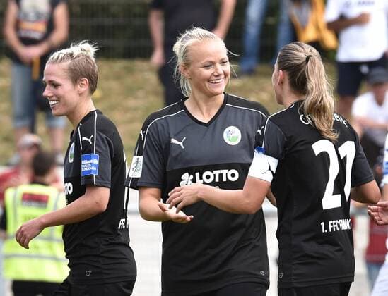 04.09.2016, xblx, Fussball 1.Bundesliga Damen, 1.FFC Frankfurt - Borussia Moenchengladbach, emspor v.l. Sophie Schmidt (1. FFC Frankfurt), Lise Munk (1.FFC Frankfurt), Ana-Maria Crnogorcevic (1.FFC Frankfurt), Goal scored, Tor zum 8:0, celebrate the goal, Torjubel Frankfurt am Main