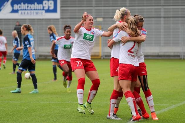 Spielerinnen des 1. FFC Turbine Potsdam jubeln über das Tor zum 0:1, Jubel, Torjubel, Torerfolg, celebrate the goal, goal, celebration, Jubel ueber das Tor, optimistisch, Action, Aktion, Fussball, Allianz Frauen-Bundesliga, TSG 1899 Hoffenheim - 1. FFC Turbine Potsdam, xozx