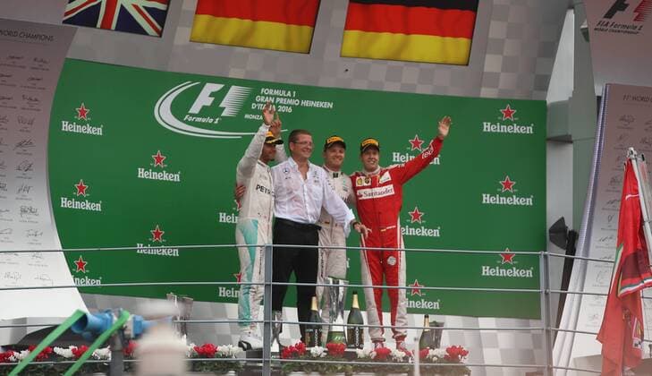 Podium, Lewis Hamilton; Nico Rosberg; Mercedes Grand Prix, Sebastian Vettel, Scuderia Ferrari, formula 1 GP, Italien in Monza, 04.09.2016 Photo:mspb Jerry Andre Podium, Lewis Hamilton; Nico Rosberg; Sebastian Vettel, formula 1 GP, Italien