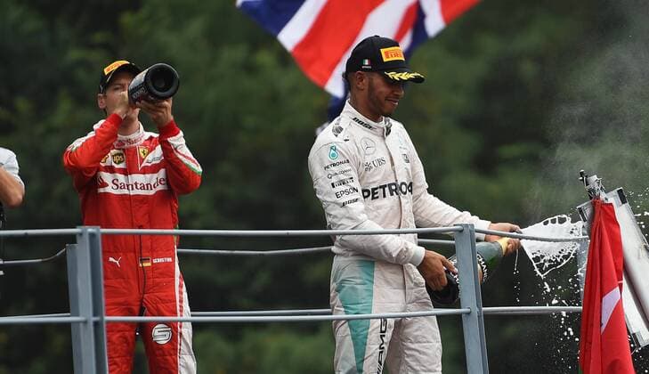 Podium, Lewis Hamilton; Mercedes Grand Prix, Sebastian Vettel, Scuderia Ferrari, formula 1 GP, Italien in Monza, 04.09.2016 Photo:mspb Jerry Andre Sebastian Vettel, Podium, Lewis Hamilton; formula 1 GP, Italien