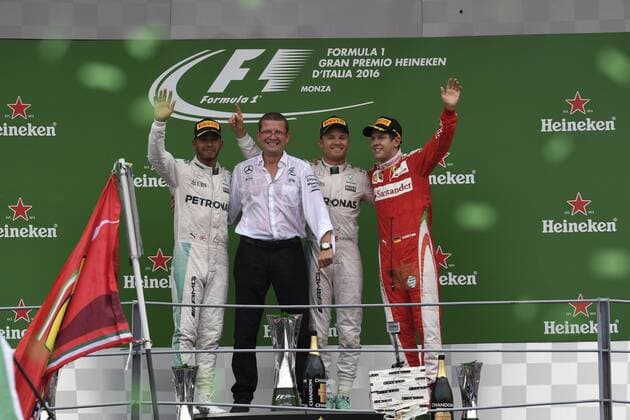 Lewis Hamilton, Nico Rosberg, Sebastian Vettel. Grand Prix of Italy race at Monza circuit. In this picture, Lewis Hamilton, Nico Rosberg and Sebastian Vettel. xRUBIOx  RV RACING PRESS