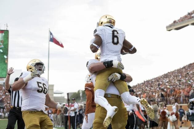September 4, 2016: Notre Dame Fighting Irish offensive lineman Mike McGlinchey (68) celebrates with Notre Dame Fighting Irish wide receiver Equanimeous St. Brown (6) after a touchdown during the NCAA College League USA football game between the Notre Dame Fighting Irish and the Texas Longhorns at Darrell K Royal-Texas Memorial Stadium in Austin, TX; CSM. NCAA Football 2016: Notre Dame vs Texas SEP 04 - ZUMAc04_