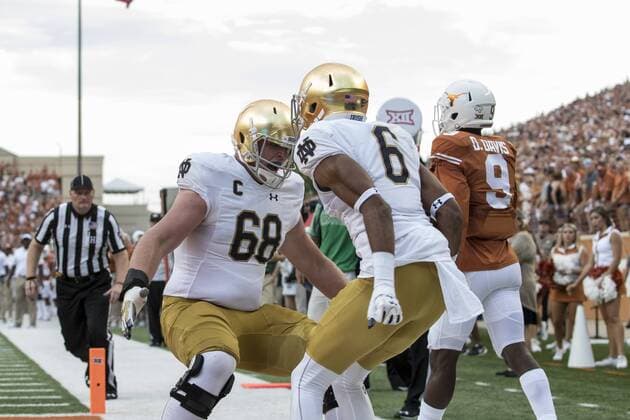September 4, 2016: Notre Dame Fighting Irish offensive lineman Mike McGlinchey (68) celebrates with Notre Dame Fighting Irish wide receiver Equanimeous St. Brown (6) after a touchdown during the NCAA College League USA football game between the Notre Dame Fighting Irish and the Texas Longhorns at Darrell K Royal-Texas Memorial Stadium in Austin, TX; CSM. NCAA Football 2016: Notre Dame vs Texas SEP 04 - ZUMAc04_