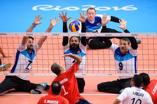 Rio Paralympics 2016, Sitzvolleyball, Deutschland - Ägypten 09.09.2016, Rio de Janeiro, Riocentro 6 Paralympische Spiele, Sitzvolleyball, Deutschland (GER) vs. €gypten Aegypten (EGY) Block Dreierblock Heiko Wiesenthal ( 7 GER), Barbaros Sayilir ( 11 GER), Jürgen Juergen Schrapp ( 9 GER) - Angriff Hesham Elshwikh ( 1 EGY)