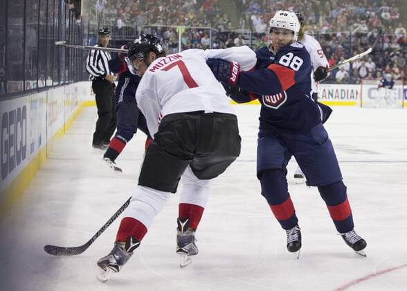 Eishockey, World Cup of Hockey, USA - Kanada 09 September 2016: Jake Muzzin 7 of Team Canada and Patrick Kane 88 of Team USA during the World Cup of Hockey friendly between Team USA and Team Canada held at Nationwide Arena.(Photo Credit: Jason Mowry ICON Sportswire) HOCKEY: SEP 09 World Cup of Hockey Pre-Tournament - Team Canada v Team USA Icon160909012 EDITORIAL USE ONLY