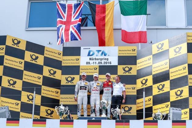 DTM Nürburgring - Falsche Nationalfahne bei der Siegerehrung Motorsports: DTM race Nuerburgring, Saison 2016, - 7. Event Nuerburgring, GER, 11 Marco Wittmann (GER, BMW Team RMG, BMW M4 DTM), 53 Jamie Green (GBR, Audi Team Rosberg, Audi RS5 DTM), 31 Tom Blomqvist (GBR, BMW Team RBM, BMW M4 DTM) xGruppexCxGmbHx