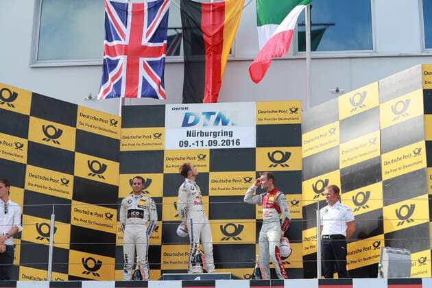DTM Nürburgring - Falsche Nationalfahne bei der Siegerehrung Motorsports: DTM race Nuerburgring, Saison 2016, - 7. Event Nuerburgring, GER, 11 Marco Wittmann (GER, BMW Team RMG, BMW M4 DTM), 53 Jamie Green (GBR, Audi Team Rosberg, Audi RS5 DTM), 31 Tom Blomqvist (GBR, BMW Team RBM, BMW M4 DTM) xGruppexCxGmbHx