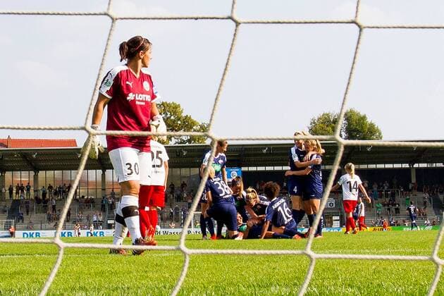 10.09.2016, xfrx, Fussball 1.Bundesliga Damen, Turbine Potsdam - 1.FFC Frankfurt v.l. Turbine Potsdam celebrate the goal,Torjubel zum 3:0 Potsdam