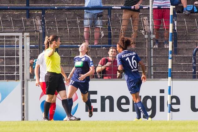 10.09.2016, xfrx, Fussball 1.Bundesliga Damen, Turbine Potsdam - 1.FFC Frankfurt v.l. Tabea Kemme (1.FFC Turbine Potsdam),Eseosa Aigbogun (1.FFC Turbine Potsdam) celebrate the goal,Torjubel zum 2:0 Potsdam