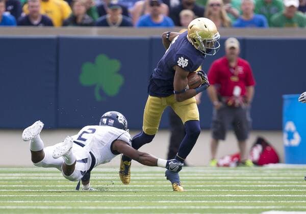 September 10, 2016: Notre Dame wide receiver Equanimeous St. Brown (6) runs for yardage as Nevada defensive back Asauni Rufus (2) defends during NCAA College League USA football game action between the Nevada Wolfpack and the Notre Dame Fighting Irish at Notre Dame Stadium in South Bend, Indiana. Notre Dame defeated Nevada 39-10. CSM. NCAA Football 2016: Nevada vs Notre Dame SEP 10 - ZUMAc04_