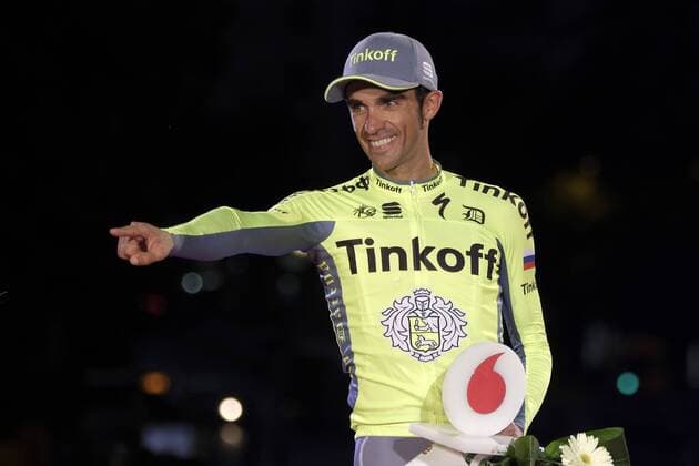 September 11, 2016 - Madrid, Madrid, Spain - Tinkoff s cyclist Alberto Contador celebrates on the podium of the last stage of the 71st edition of La Vuelta Tour of Spain, a 104.8km route Las Rozas to Madrid, on September 11, 2016. Podium of the Vuelta of Spain 2016  - ZUMAn230