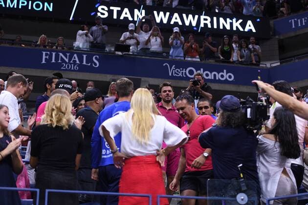 Stan Wawrinka (SUI) Donna Vedic (CRO) Magnus Norman (SWE) TENNIS : US Open 2016 - 11 09 2016 TennisMagazine Panoramic 
