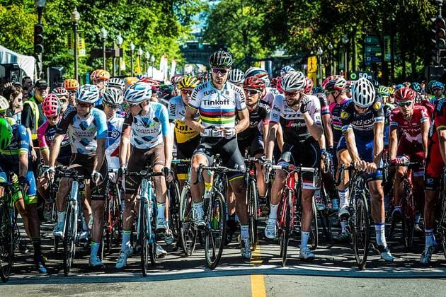 Zwei der Protagonisten des Rennens in Quebec - links Weltmeister Peter SAGAN ( SVK Tinkoff ) und rechts bei seinem letzten und gleichtzeitig seinem Abschiedsrennen Ryder HESJEDAL ( CDN Trek-Segafredo ) - Querformat - quer - horizontal - Event Veranstaltung: 7. Gand Prix Cycliste de Quebec 2016 - Quebec to nach Quebec 201.6 km - Location Ort: Canada Kanada - Europa Europa - Date Datum: 09.09.2016 Stiehl Photography
